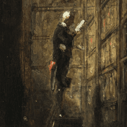 "The Bookworm", a painting by Carl Spitzweg depicting a man in a library pouring over a tome
