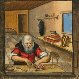 A 1614 painting depicting an elderly man named Nicasius Florer who is attaching a clasp to a book binding.